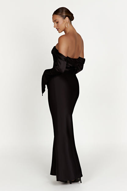 Robe Maxi Giselle à Manches Décolletées et Col Chaudron - Noir
