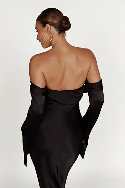 Robe Maxi Giselle à Manches Décolletées et Col Chaudron - Noir