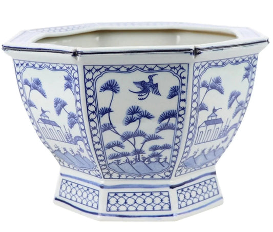 Jardinière hexagonale de taille moyenne, bleu clair, avec motifs floraux et villageois