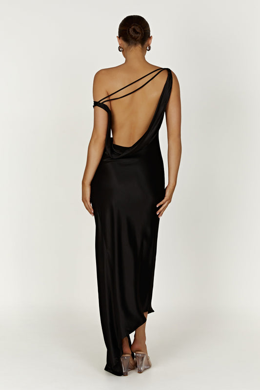 Robe Maxi Yvette à Bretelles avec Emmanchure Asymétrique - Noir