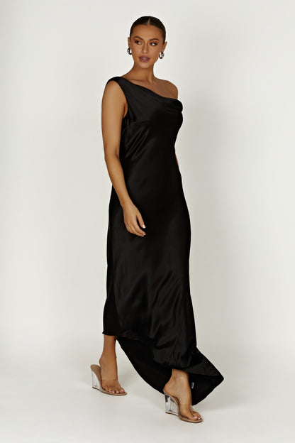 Robe Maxi Yvette à Bretelles avec Emmanchure Asymétrique - Noir