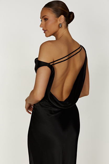 Robe Maxi Yvette à Bretelles avec Emmanchure Asymétrique - Noir
