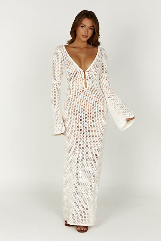 Robe Maxi à Manches Bouffantes en Crochet en Forme de Queue de Poisson - Blanc