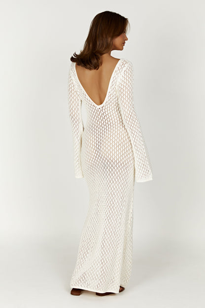 Robe Maxi à Manches Bouffantes en Crochet en Forme de Queue de Poisson - Blanc