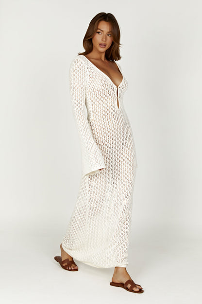 Robe Maxi à Manches Bouffantes en Crochet en Forme de Queue de Poisson - Blanc