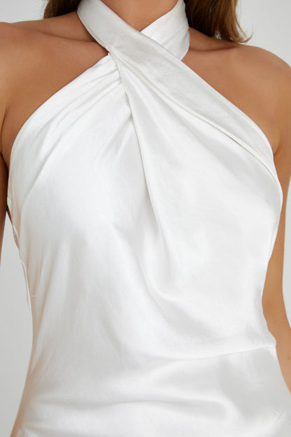 Robe satinée Laura à col halter - Blanc