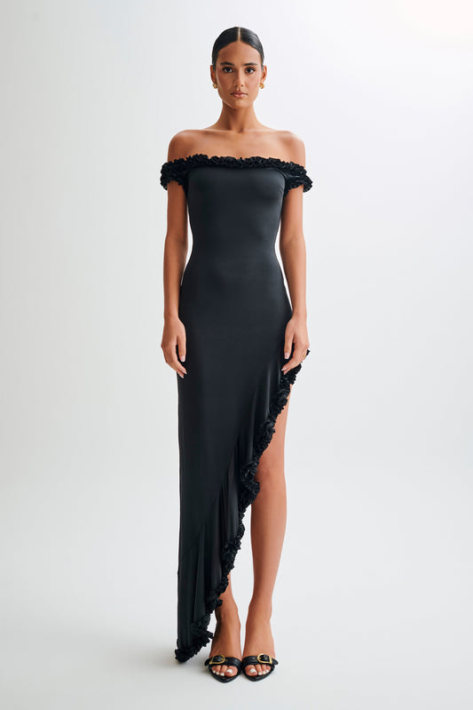 Robe midi à volants et épaules dénudées Arielle - Noir
