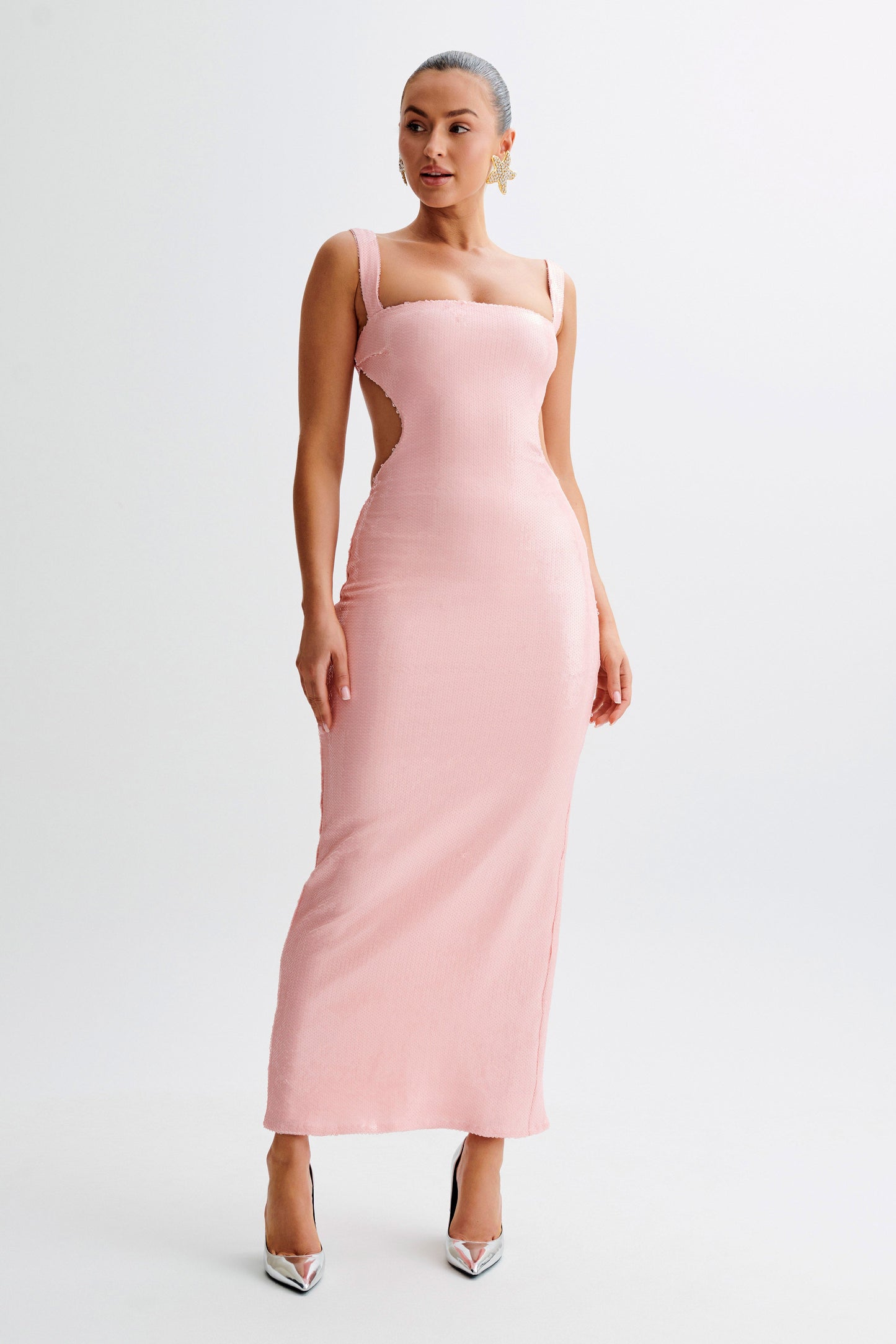 Adoria Robe Maxi Découpe à Paillettes - Rose Pâle