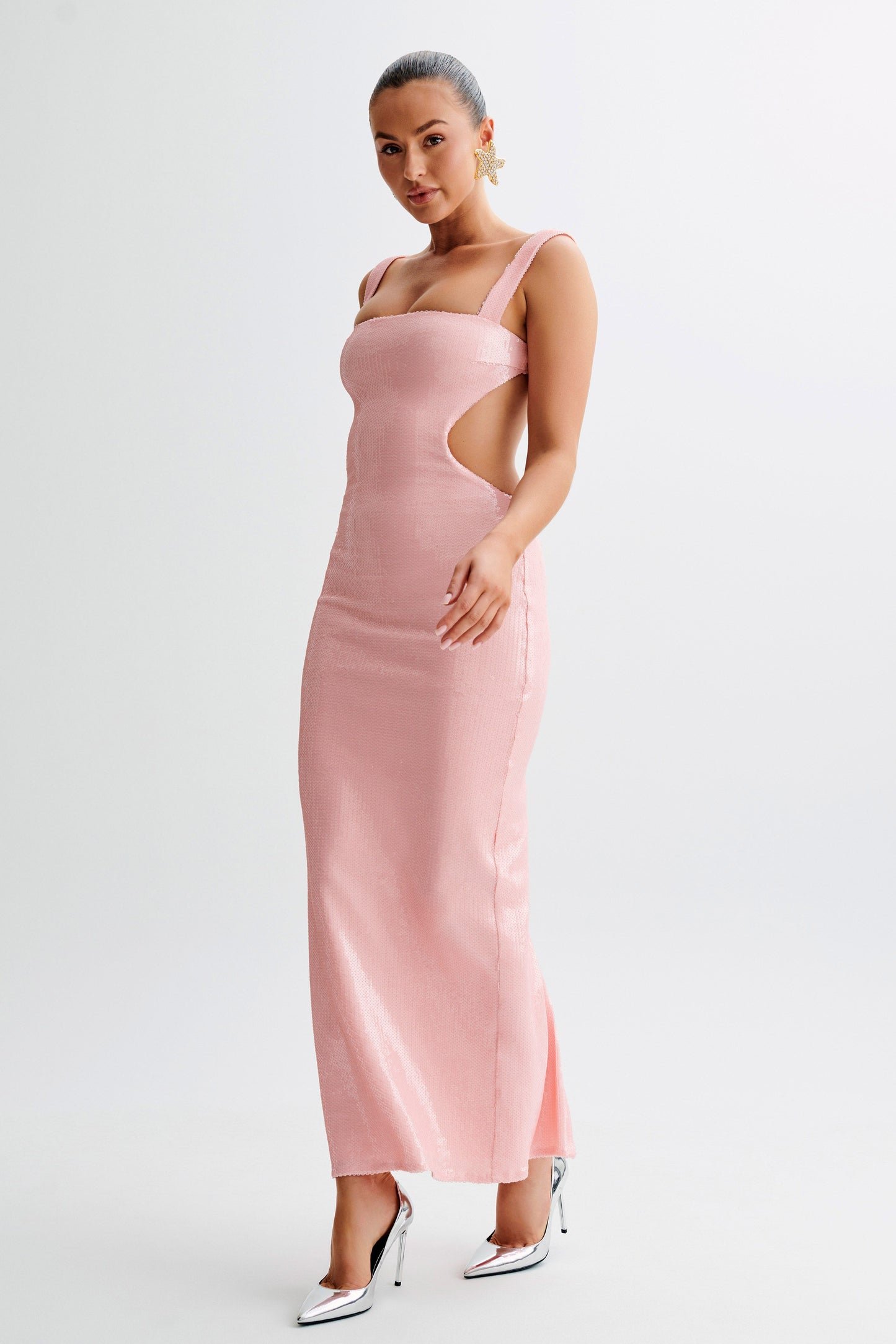 Adoria Robe Maxi Découpe à Paillettes - Rose Pâle