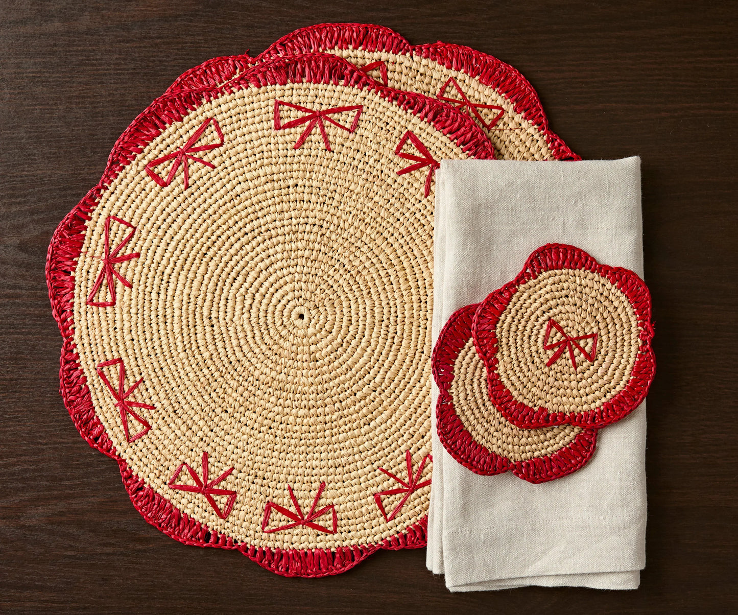 Dessous de verre à franges en raphia tissé à la main par Payton James – Dessous de verre bohème, décoration de table rustique, palmier raphia naturel