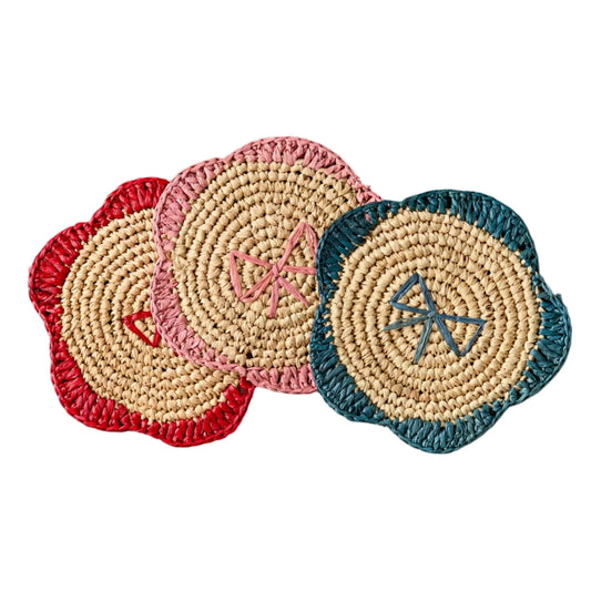 Dessous de verre à franges en raphia tissé à la main par Payton James – Dessous de verre bohème, décoration de table rustique, palmier raphia naturel