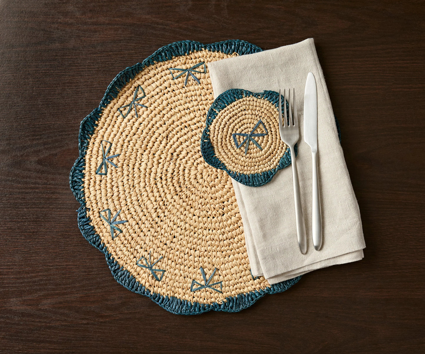 Dessous de verre à franges en raphia tissé à la main par Payton James – Dessous de verre bohème, décoration de table rustique, palmier raphia naturel
