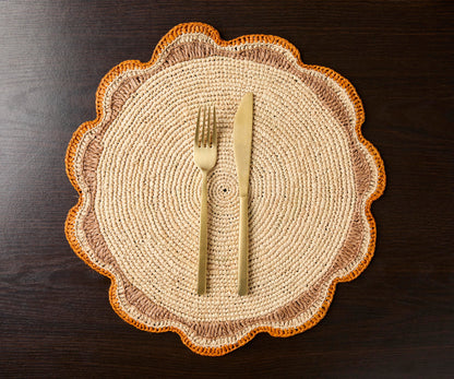 Set de table rond en raphia tressé – Set de table fait main au crochet pour décoration de fête de jardin, accessoire de table rustique en fibre naturelle