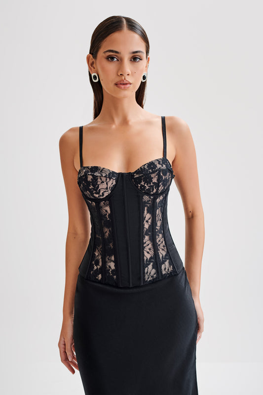 Corset Maryse en satin et dentelle - Noir