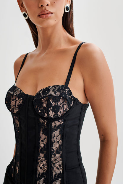 Corset Maryse en satin et dentelle - Noir