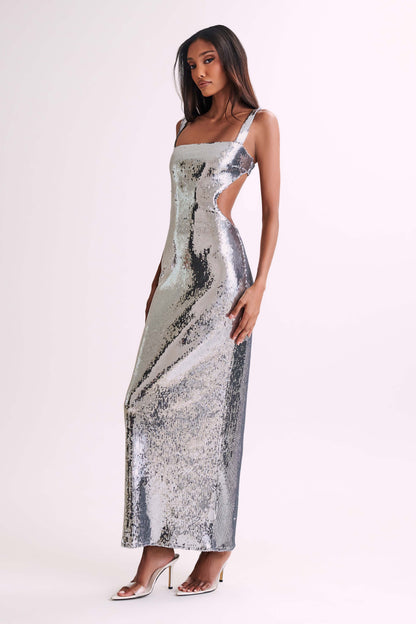Robe Maxi Adoria à paillettes et découpes - Argent