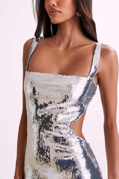 Robe Maxi Adoria à paillettes et découpes - Argent