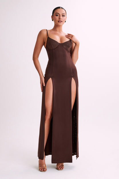 Jojo Robe Maxi Jersey à Fente avec Diamants - Chocolat
