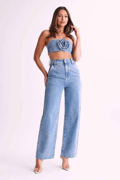 Jeans Roxy taille haute, jambe large - Bleu moyen