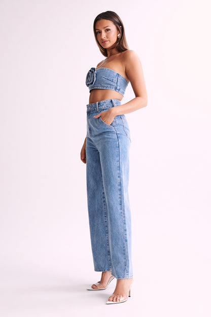 Jeans Roxy taille haute, jambe large - Bleu moyen
