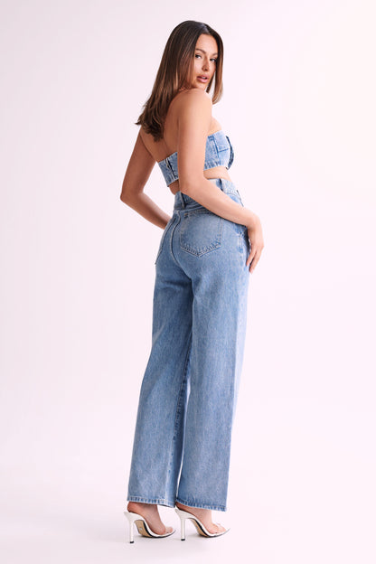 Jeans Roxy taille haute, jambe large - Bleu moyen