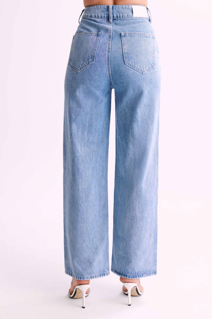 Jeans Roxy taille haute, jambe large - Bleu moyen