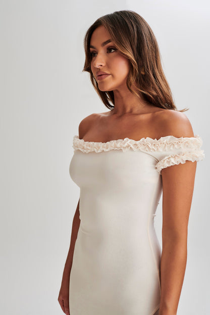 Robe midi à volants et épaules dénudées Arielle - Ivoire