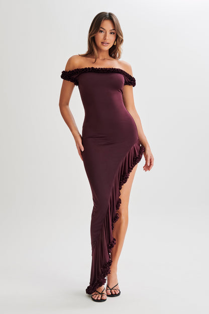 Robe midi à volants et épaules dénudées Arielle - Prune