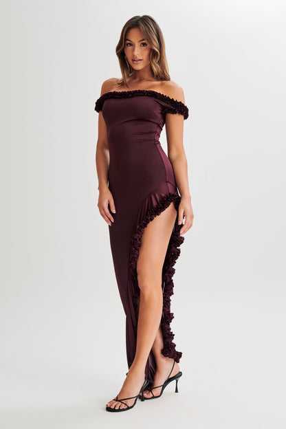 Robe midi à volants et épaules dénudées Arielle - Prune