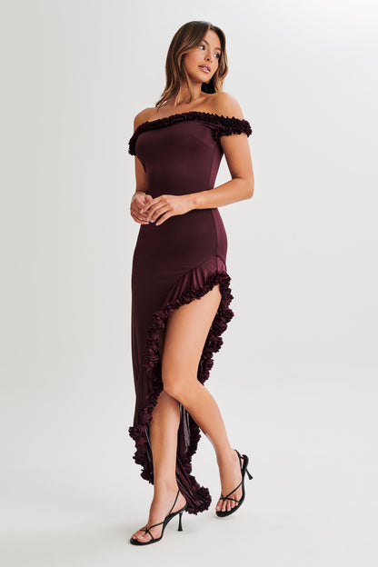 Robe midi à volants et épaules dénudées Arielle - Prune