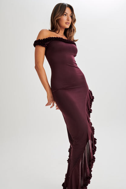 Robe midi à volants et épaules dénudées Arielle - Prune