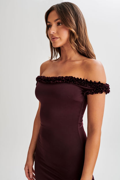 Robe midi à volants et épaules dénudées Arielle - Prune