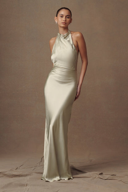 Robe longue satinée irisée à col châle Esther - SAGE