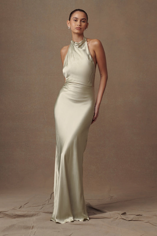 Robe longue satinée irisée à col châle Esther - SAGE