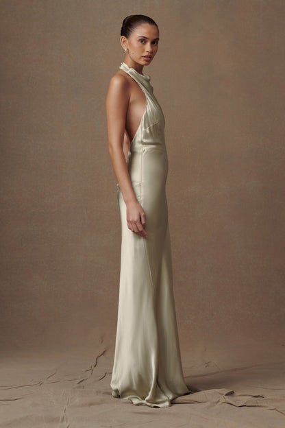 Robe longue satinée irisée à col châle Esther - SAGE