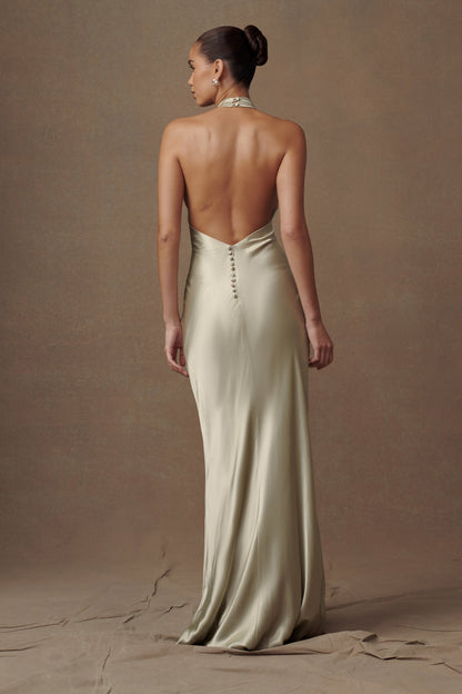 Robe longue satinée irisée à col châle Esther - SAGE