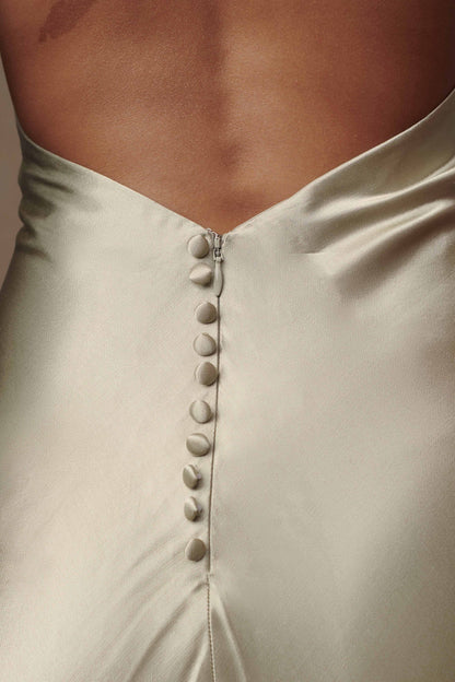 Robe longue satinée irisée à col châle Esther - SAGE