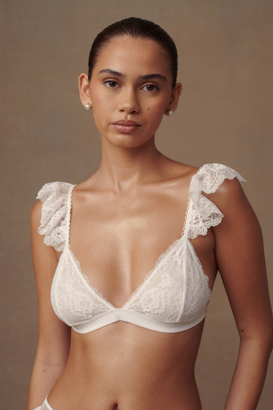 Bralette triangle à volants en dentelle Anniston - Blanc