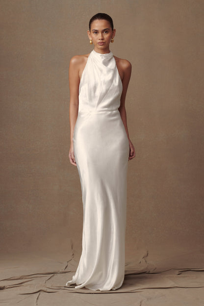 Robe longue Esther en satin irisé à col châle - Ivoire