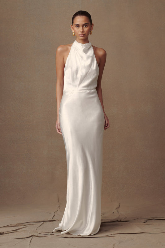Robe longue Esther en satin irisé à col châle - Ivoire