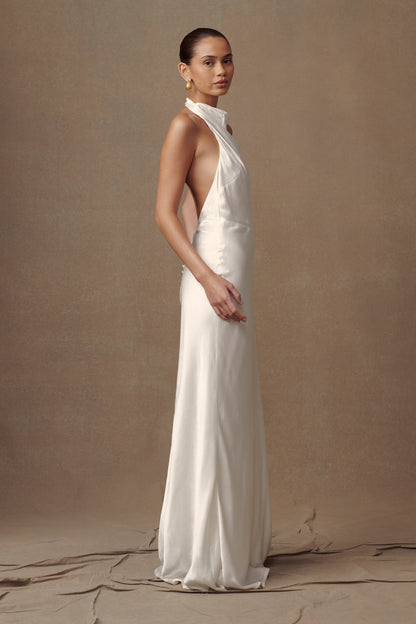 Robe longue Esther en satin irisé à col châle - Ivoire