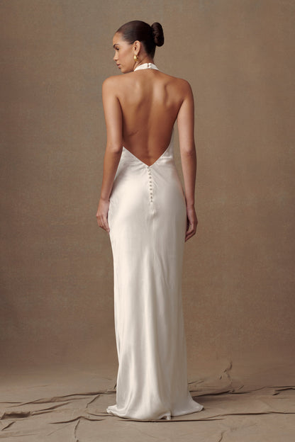 Robe longue Esther en satin irisé à col châle - Ivoire