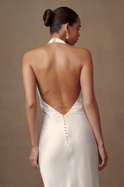 Robe longue Esther en satin irisé à col châle - Ivoire