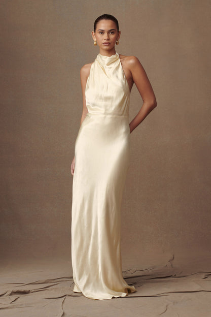 Robe longue satinée irisée à col montant Esther - Sorbet citron