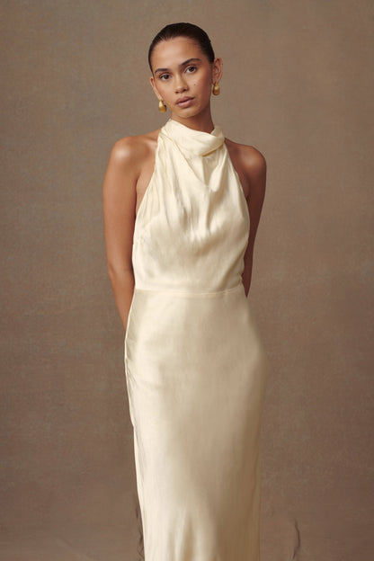 Robe longue satinée irisée à col montant Esther - Sorbet citron