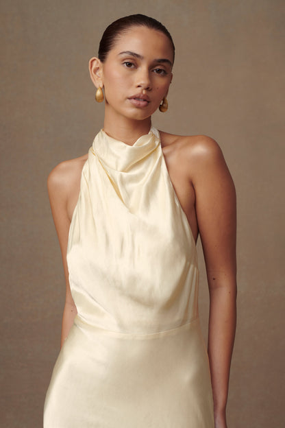 Robe longue satinée irisée à col montant Esther - Sorbet citron