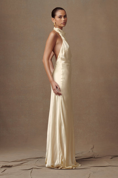 Robe longue satinée irisée à col montant Esther - Sorbet citron