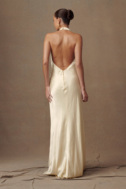 Robe longue satinée irisée à col montant Esther - Sorbet citron