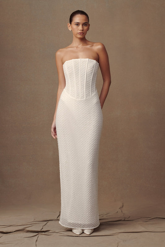 Robe Maxi Gemma sans bretelles à paillettes - Blanche