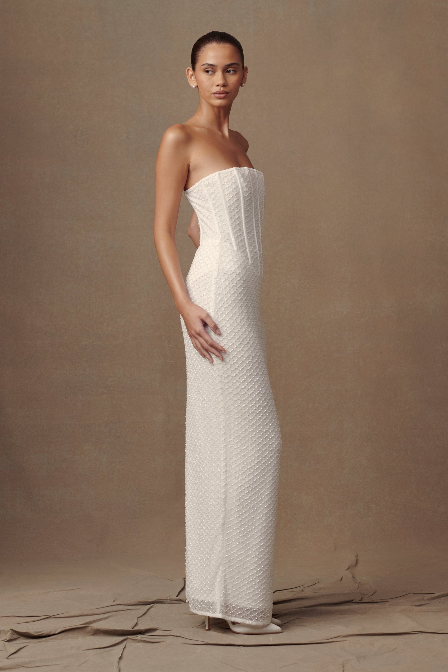Robe Maxi Gemma sans bretelles à paillettes - Blanche